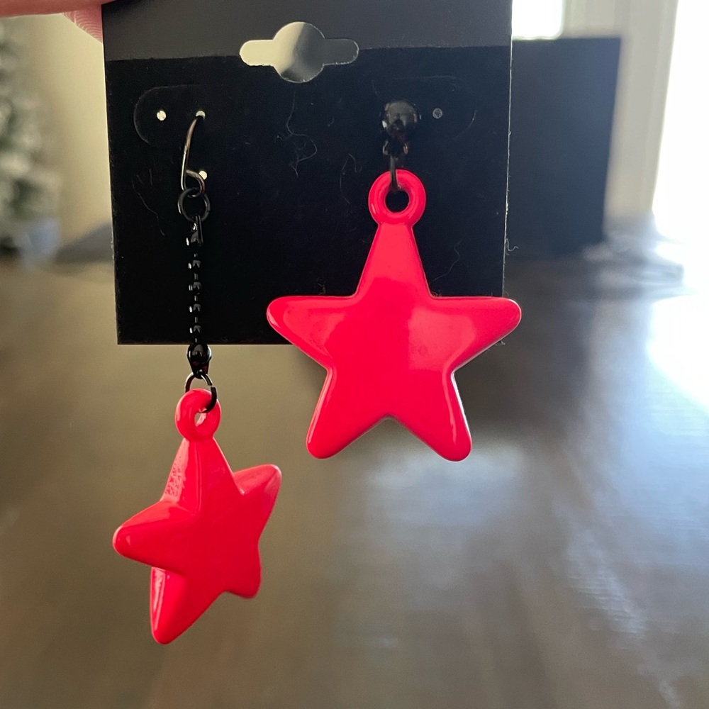 Hot pink star earrings. one studded, one dangle. mismatch earrings punk costume